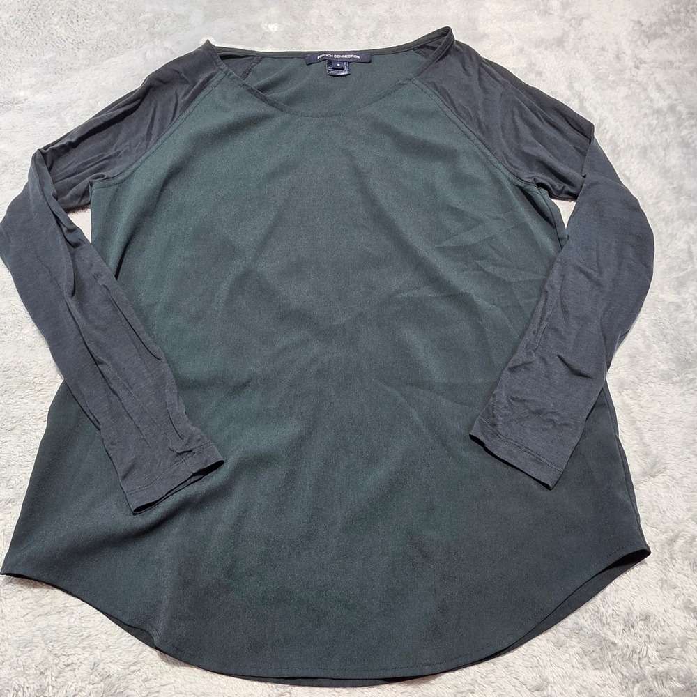 French Connection Women Small Green Blouse Mixed Media Raglan Long Sleeve